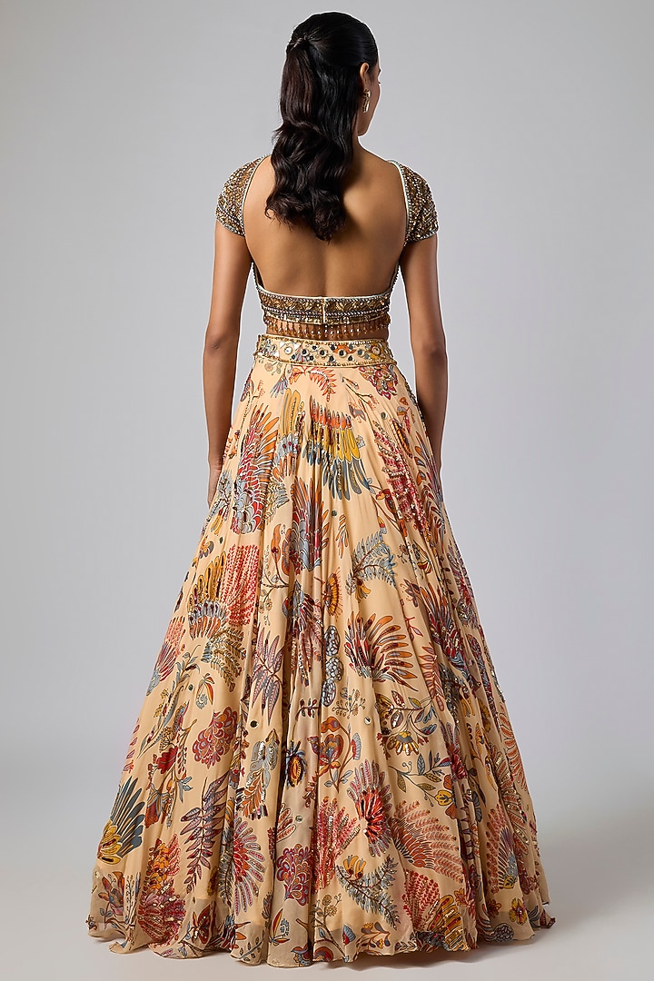Beige Georgette Featherfall Printed Wedding Lehenga Set by DiyaRajvvir at Pernia's Pop Up Shop