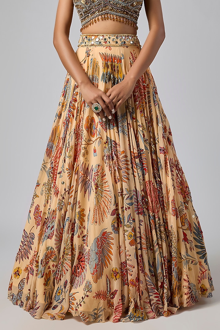 Beige Georgette Featherfall Printed Wedding Lehenga Set by DiyaRajvvir at Pernia's Pop Up Shop