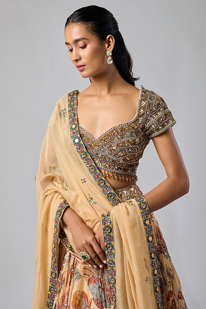 Beige Georgette Featherfall Printed Wedding Lehenga Set by DiyaRajvvir at Pernia's Pop Up Shop