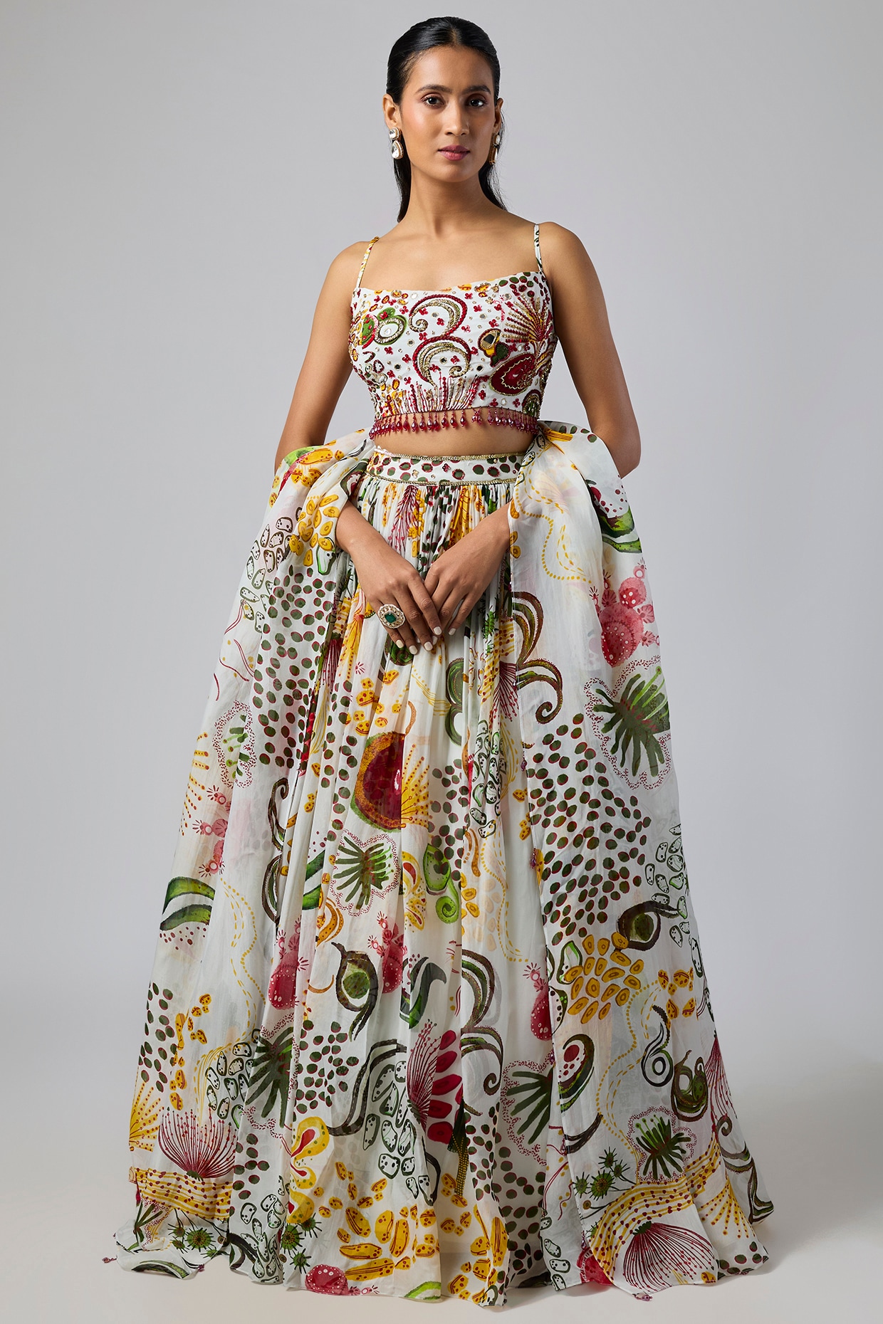 DiyaRajvvir Ivory Crepe Coral Veil Printed Lehenga Set