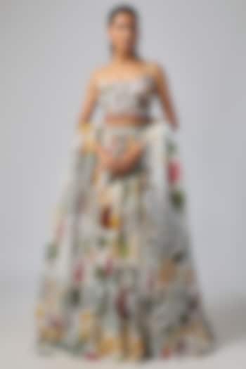 Ivory Crepe Coral Veil Printed Wedding Lehenga Set by DiyaRajvvir at Pernia's Pop Up Shop