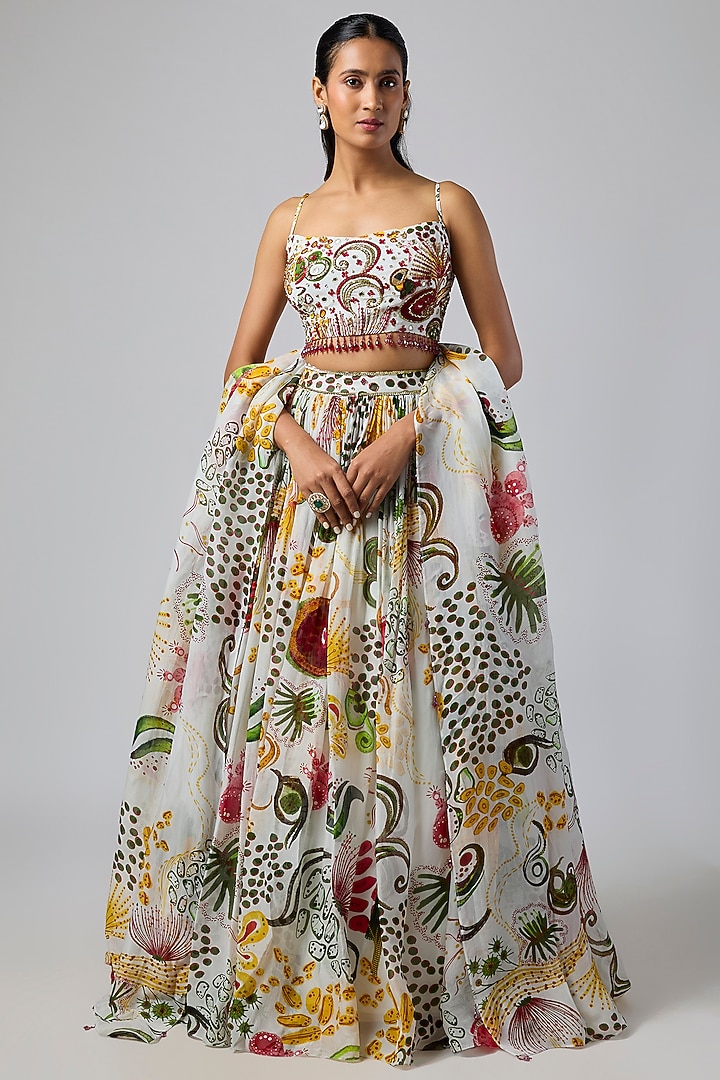 Ivory Crepe Coral Veil Printed Wedding Lehenga Set by DiyaRajvvir at Pernia's Pop Up Shop