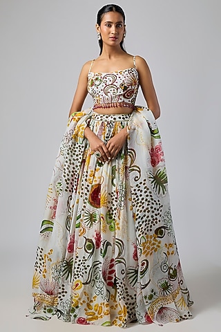 Ivory Crepe Coral Veil Printed Lehenga Set by DiyaRajvvir