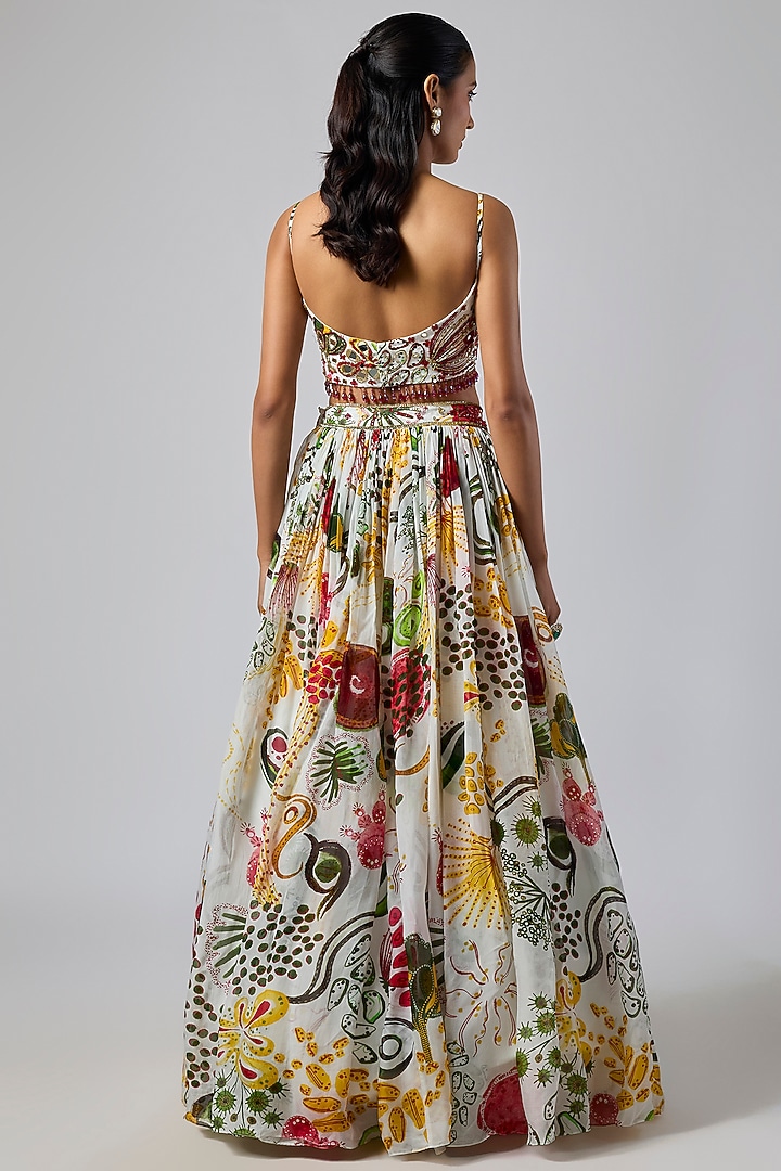 Ivory Crepe Coral Veil Printed Wedding Lehenga Set by DiyaRajvvir at Pernia's Pop Up Shop