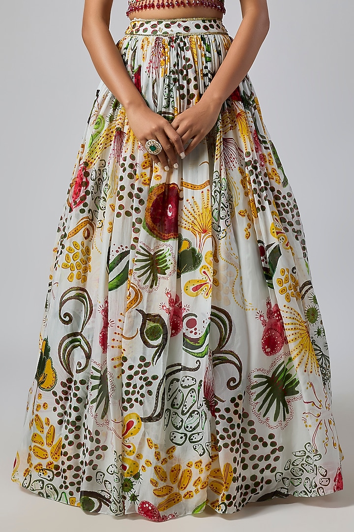Ivory Crepe Coral Veil Printed Wedding Lehenga Set by DiyaRajvvir at Pernia's Pop Up Shop