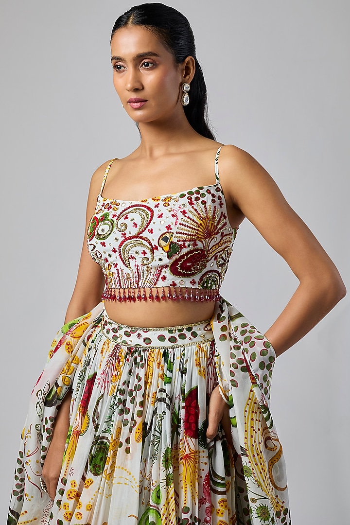 Ivory Crepe Coral Veil Printed Wedding Lehenga Set by DiyaRajvvir at Pernia's Pop Up Shop