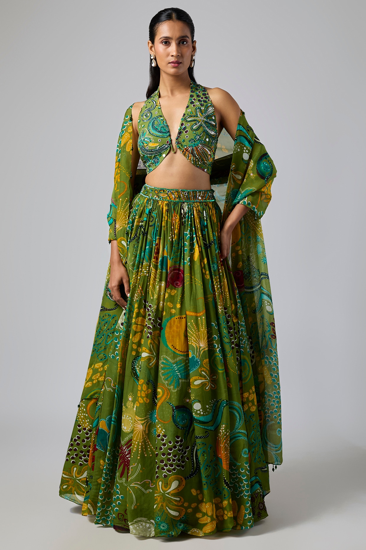 DiyaRajvvir Pear Green Crepe Coral Veil Printed Lehenga Set