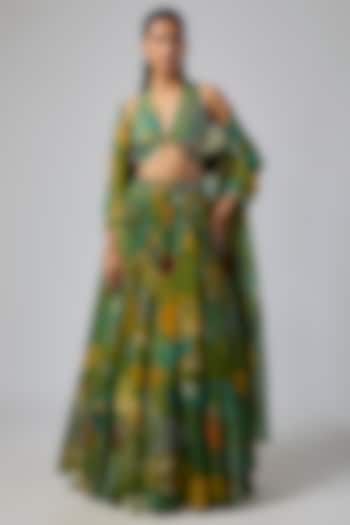 Pear Green Crepe Coral Veil Printed Wedding Lehenga Set by DiyaRajvvir at Pernia's Pop Up Shop