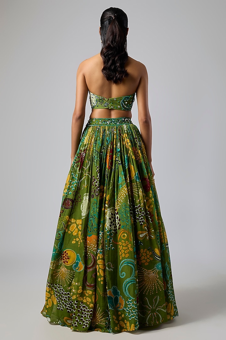 Pear Green Crepe Coral Veil Printed Wedding Lehenga Set by DiyaRajvvir at Pernia's Pop Up Shop