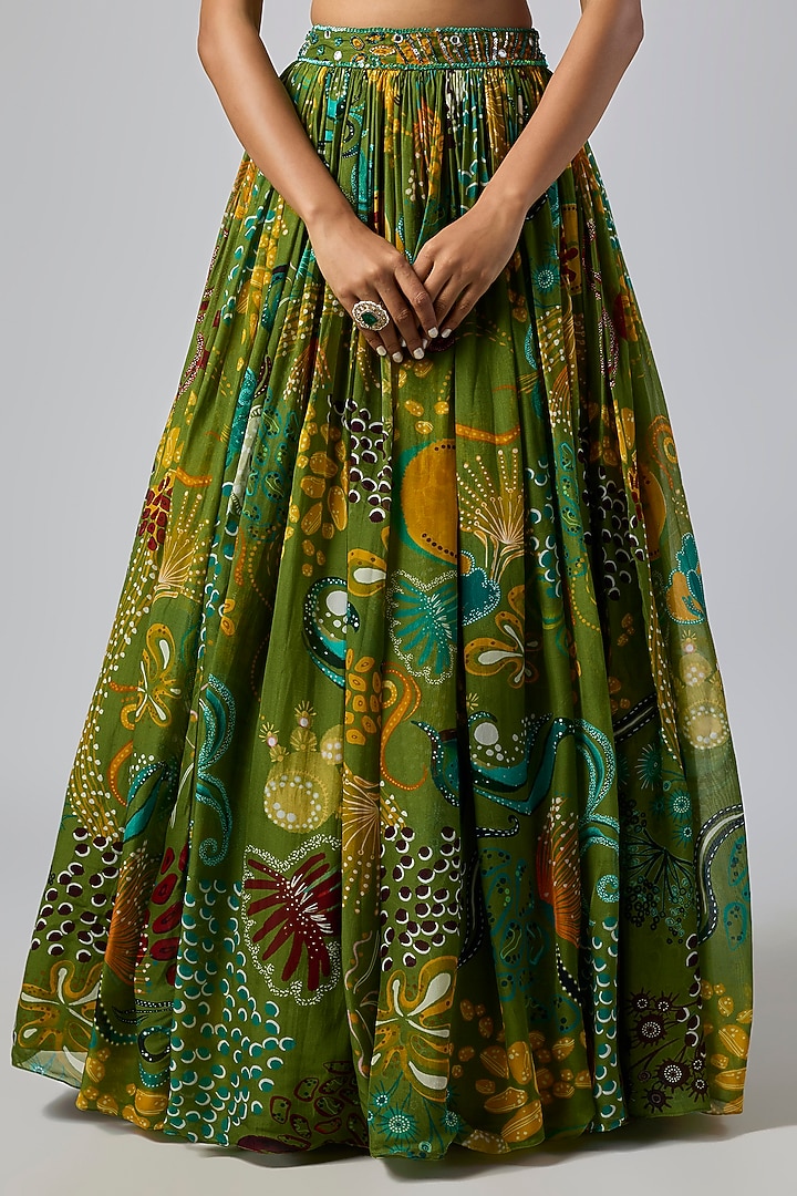 Pear Green Crepe Coral Veil Printed Wedding Lehenga Set by DiyaRajvvir at Pernia's Pop Up Shop