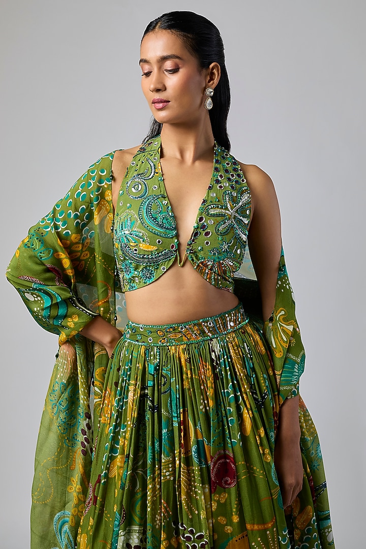 Pear Green Crepe Coral Veil Printed Wedding Lehenga Set by DiyaRajvvir at Pernia's Pop Up Shop