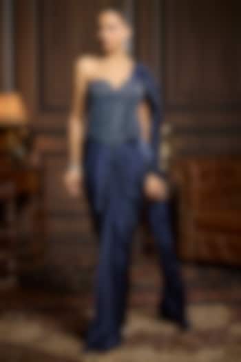 Midnight Blue Armani Satin Dhoti Skirt Wedding Saree Set by DiyaRajvvir at Pernia's Pop Up Shop