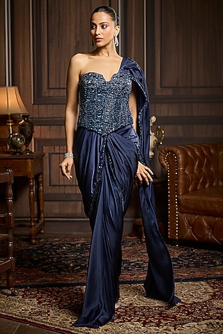 Midnight Blue Armani Satin Dhoti Skirt Saree Set by DiyaRajvvir