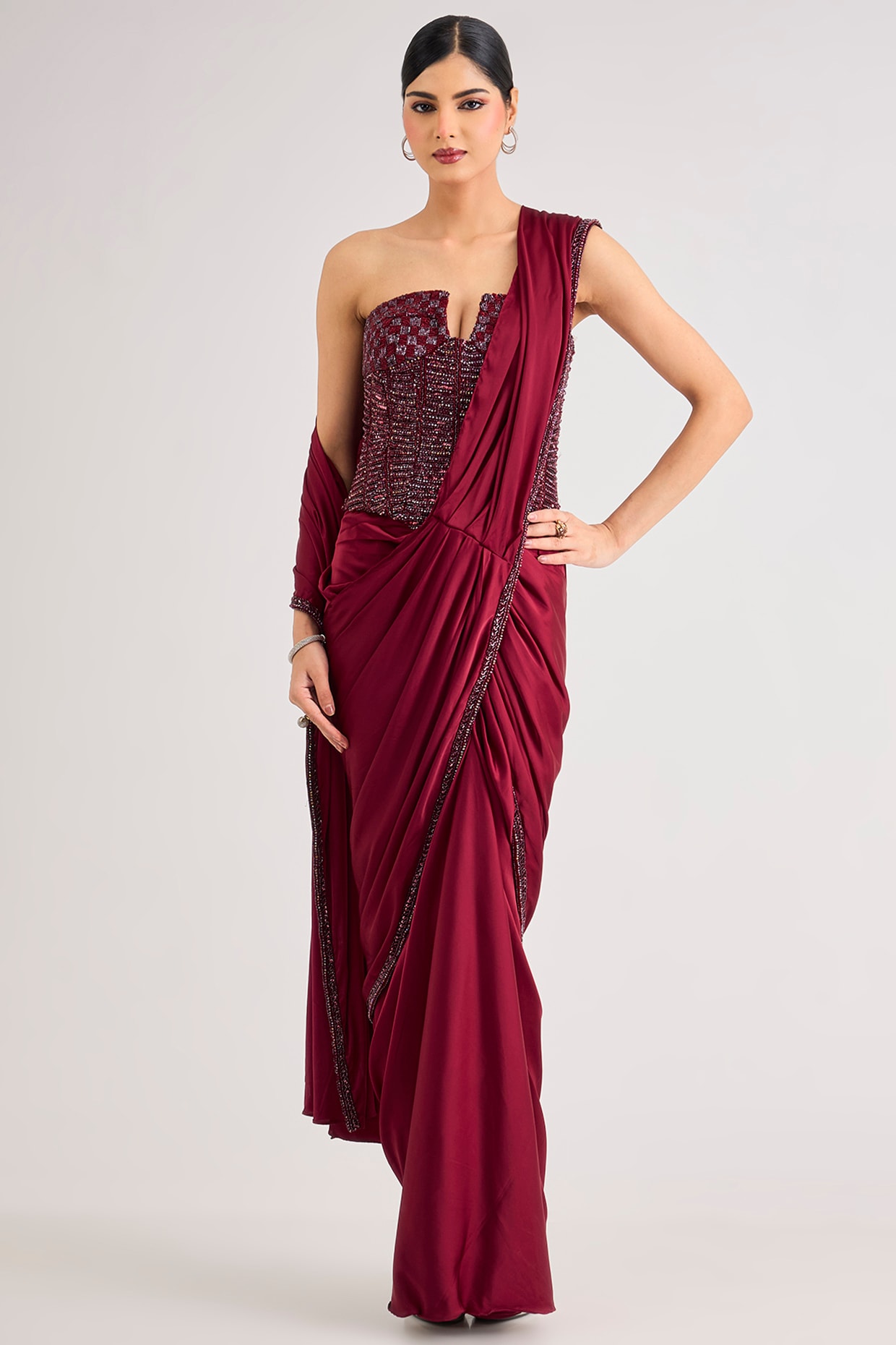 DiyaRajvvir Maroon Armani Satin Dhoti Skirt Saree Set