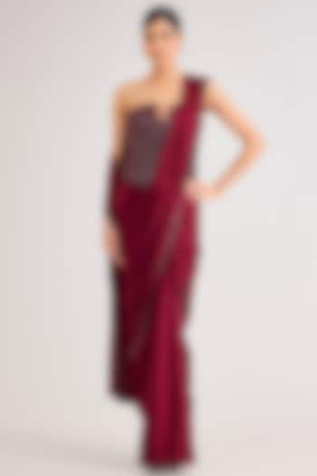 Maroon Armani Satin Dhoti Skirt Wedding Saree Set by DiyaRajvvir at Pernia's Pop Up Shop