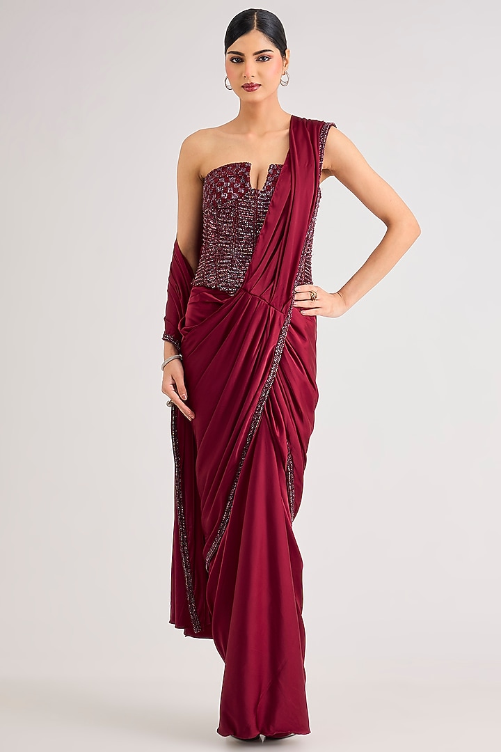 Maroon Armani Satin Dhoti Skirt Wedding Saree Set by DiyaRajvvir at Pernia's Pop Up Shop