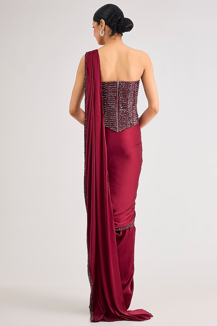 Maroon Armani Satin Dhoti Skirt Wedding Saree Set by DiyaRajvvir at Pernia's Pop Up Shop