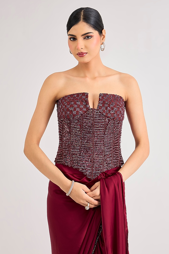 Maroon Armani Satin Dhoti Skirt Wedding Saree Set by DiyaRajvvir at Pernia's Pop Up Shop