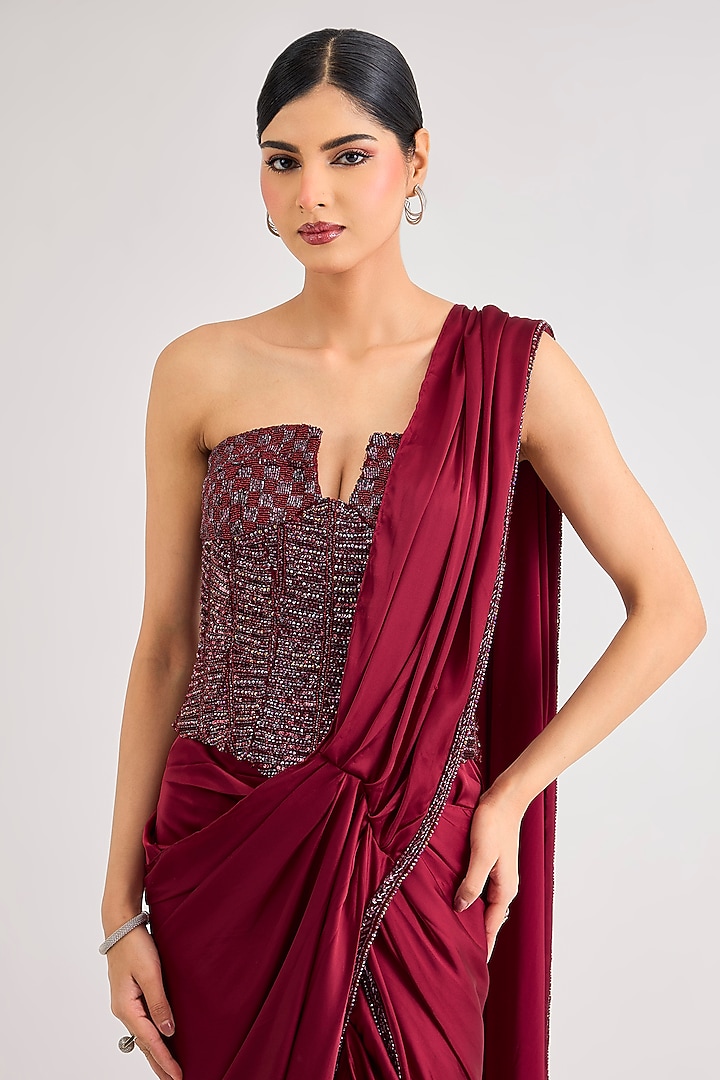 Maroon Armani Satin Dhoti Skirt Wedding Saree Set by DiyaRajvvir at Pernia's Pop Up Shop