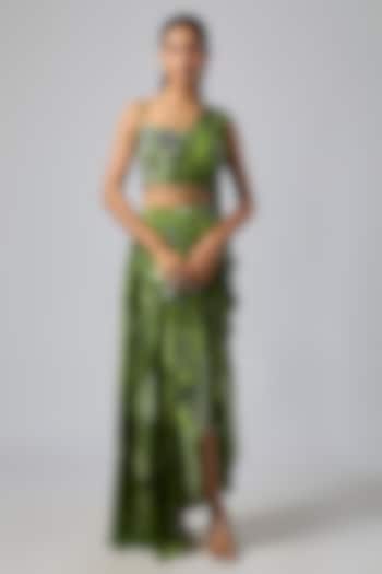 Pear Green Crepe Coral Veil Printed Dhoti Skirt Set by DiyaRajvvir at Pernia's Pop Up Shop
