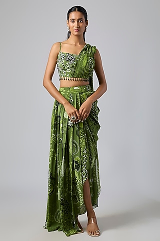 Pear Green Crepe Coral Veil Printed Dhoti Skirt Set by DiyaRajvvir