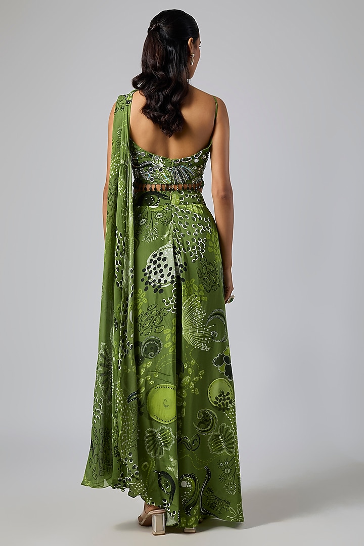 Pear Green Crepe Coral Veil Printed Dhoti Skirt Set by DiyaRajvvir at Pernia's Pop Up Shop