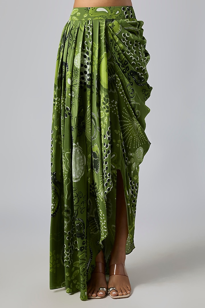 Pear Green Crepe Coral Veil Printed Dhoti Skirt Set by DiyaRajvvir at Pernia's Pop Up Shop