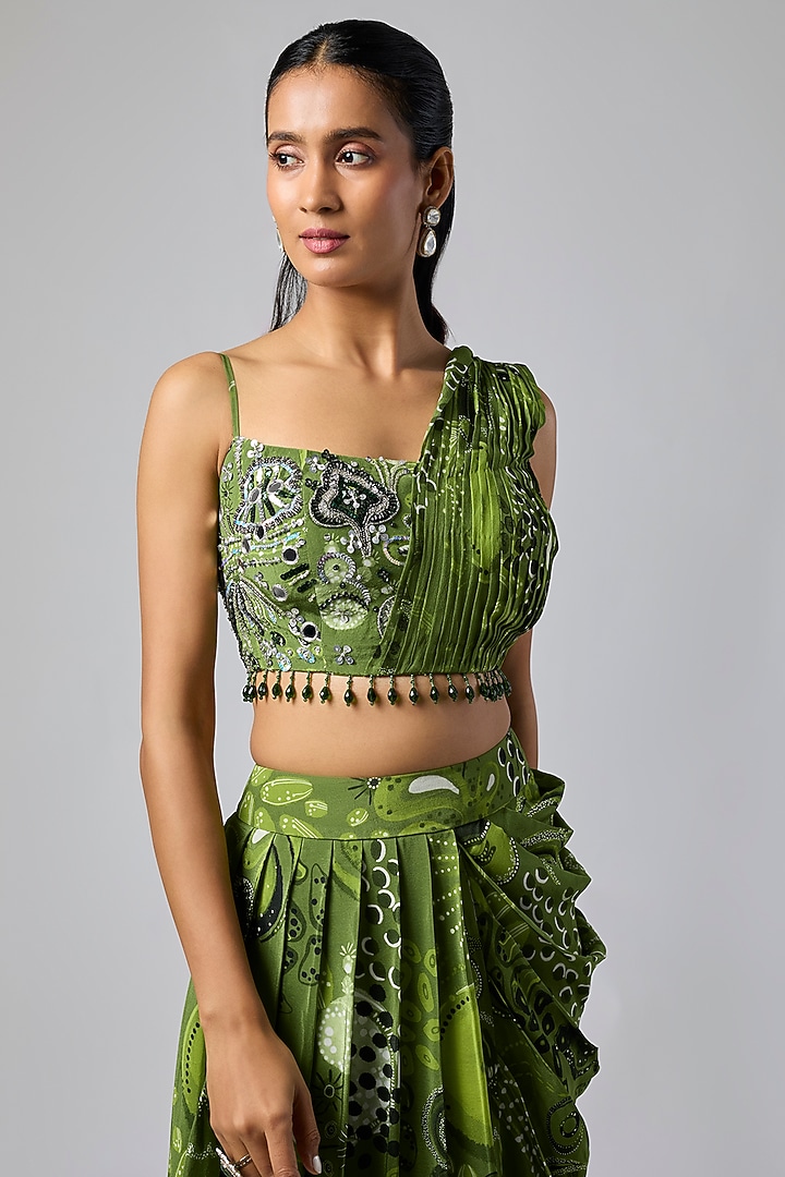Pear Green Crepe Coral Veil Printed Dhoti Skirt Set by DiyaRajvvir at Pernia's Pop Up Shop