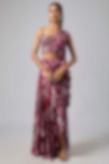 Scarlet Red Crepe Coral Veil Printed Dhoti Skirt Set by DiyaRajvvir at Pernia's Pop Up Shop