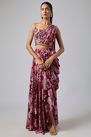 Scarlet Red Crepe Coral Veil Printed Dhoti Skirt Set by DiyaRajvvir