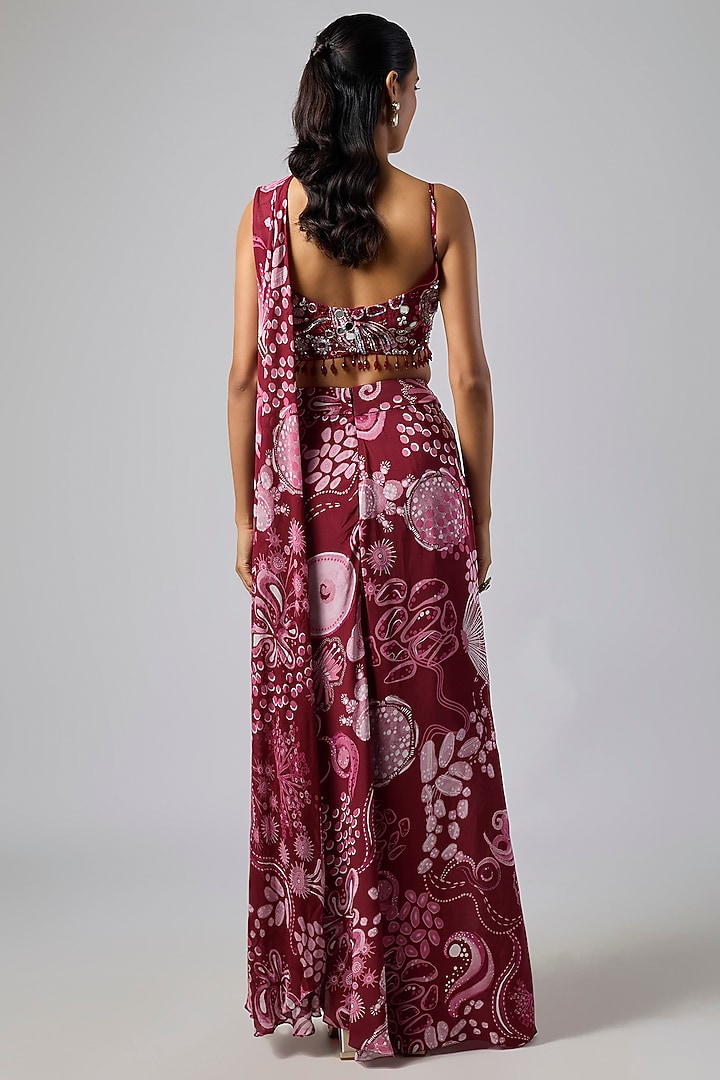 Scarlet Red Crepe Coral Veil Printed Dhoti Skirt Set by DiyaRajvvir at Pernia's Pop Up Shop