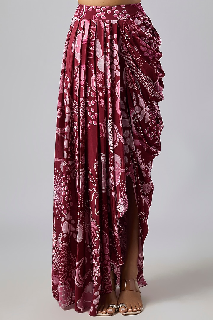 Scarlet Red Crepe Coral Veil Printed Dhoti Skirt Set by DiyaRajvvir at Pernia's Pop Up Shop