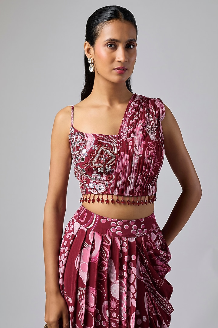 Scarlet Red Crepe Coral Veil Printed Dhoti Skirt Set by DiyaRajvvir at Pernia's Pop Up Shop