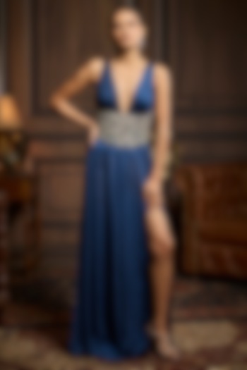 Midnight Blue Chiffon Slit Maxi Party Wear Dress  by DiyaRajvvir at Pernia's Pop Up Shop