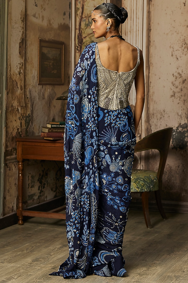 Navy Blue Georgette Coral Veil Printed Draped Wedding Saree Set by DiyaRajvvir at Pernia's Pop Up Shop