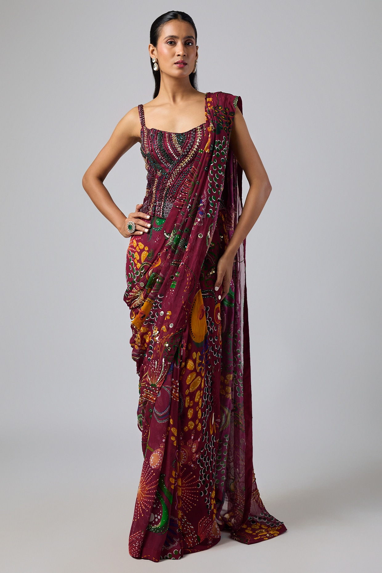 DiyaRajvvir Deep Red Georgette Coral Veil Printed Dhoti Skirt Saree Set