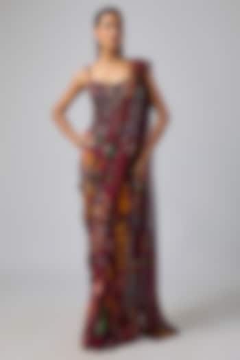 Deep Red Georgette Coral Veil Printed Dhoti Skirt Wedding Saree Set by DiyaRajvvir at Pernia's Pop Up Shop