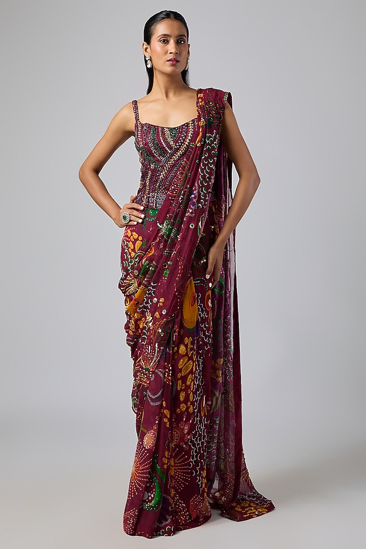 Deep Red Georgette Coral Veil Printed Dhoti Skirt Wedding Saree Set by DiyaRajvvir at Pernia's Pop Up Shop