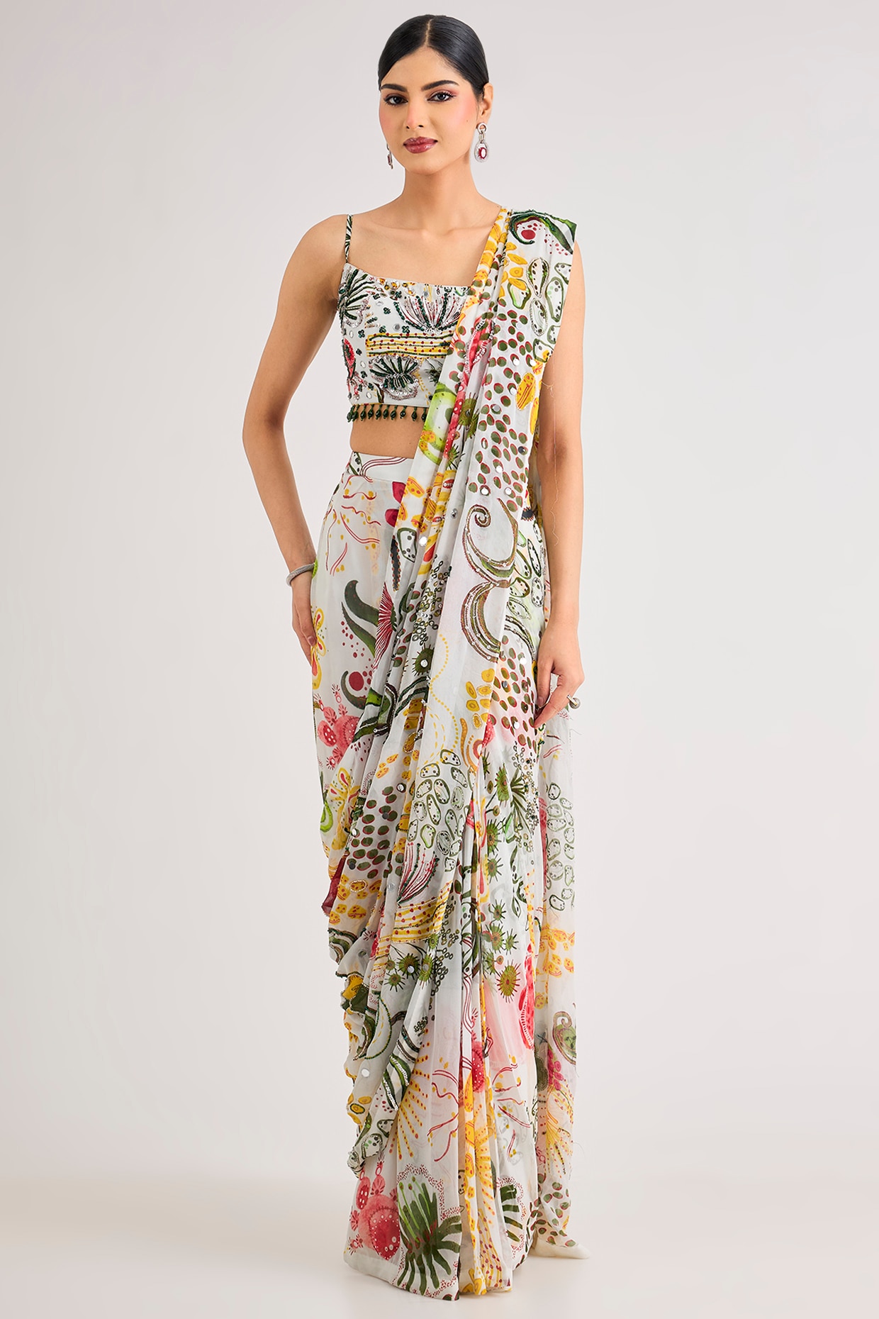 DiyaRajvvir Ivory Crepe & Georgette Draped Saree Set