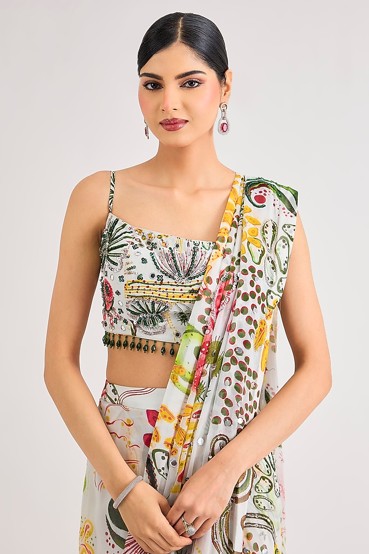 Ivory Crepe & Georgette Draped Wedding Saree Set by DiyaRajvvir at Pernia's Pop Up Shop