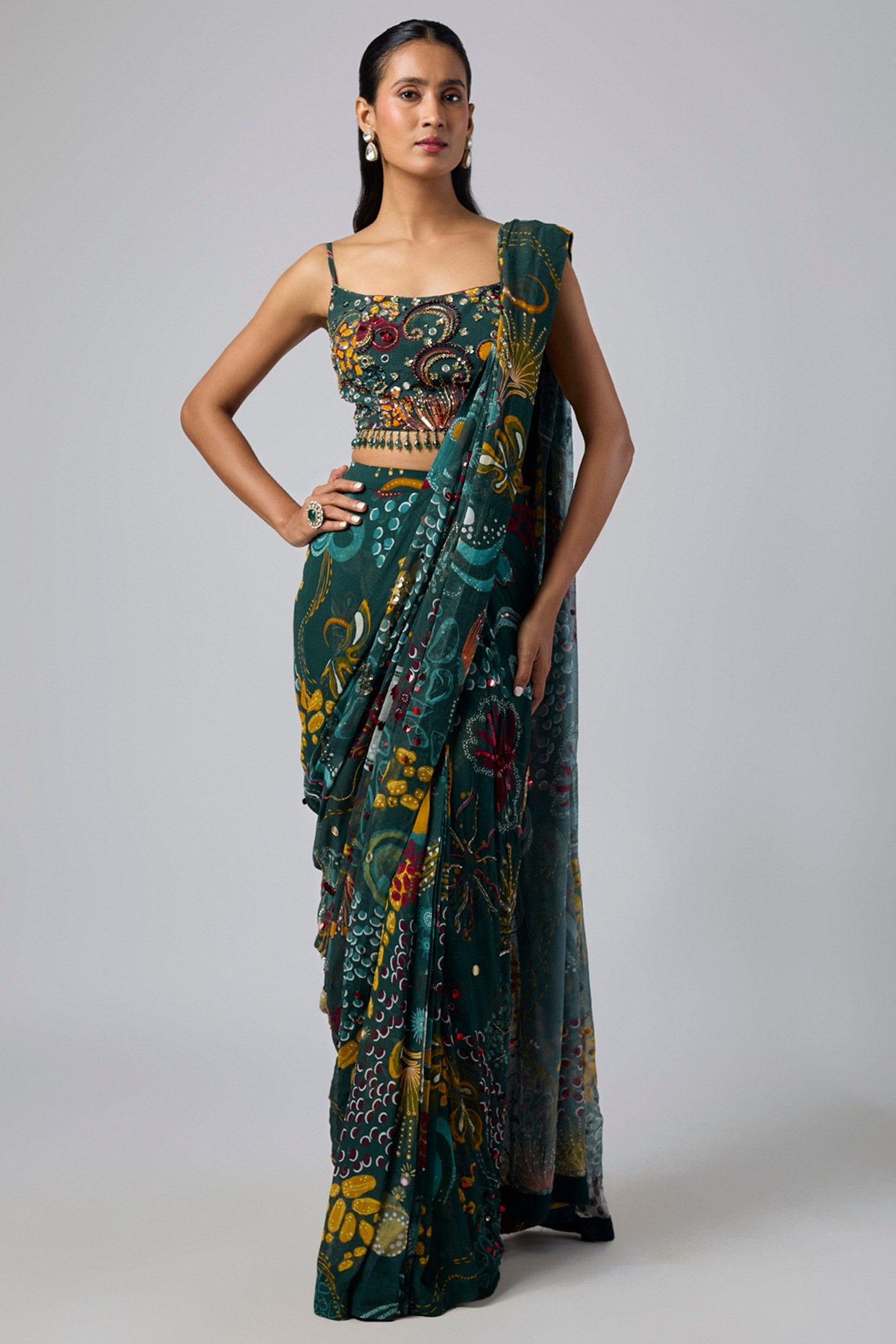 DiyaRajvvir Dark Green Georgette Coral Veil Printed Dhoti Skirt Saree Set