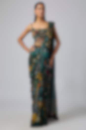 Dark Green Georgette Coral Veil Printed Dhoti Skirt Wedding Saree Set by DiyaRajvvir at Pernia's Pop Up Shop