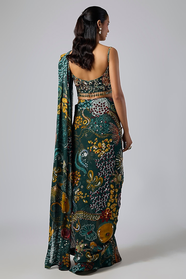 Dark Green Georgette Coral Veil Printed Dhoti Skirt Wedding Saree Set by DiyaRajvvir at Pernia's Pop Up Shop