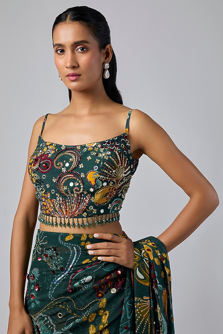 Dark Green Georgette Coral Veil Printed Dhoti Skirt Wedding Saree Set by DiyaRajvvir at Pernia's Pop Up Shop