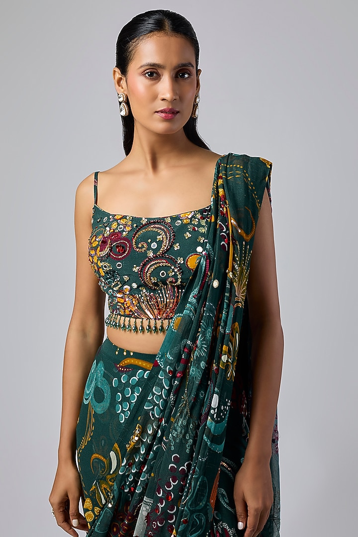 Dark Green Georgette Coral Veil Printed Dhoti Skirt Wedding Saree Set by DiyaRajvvir at Pernia's Pop Up Shop