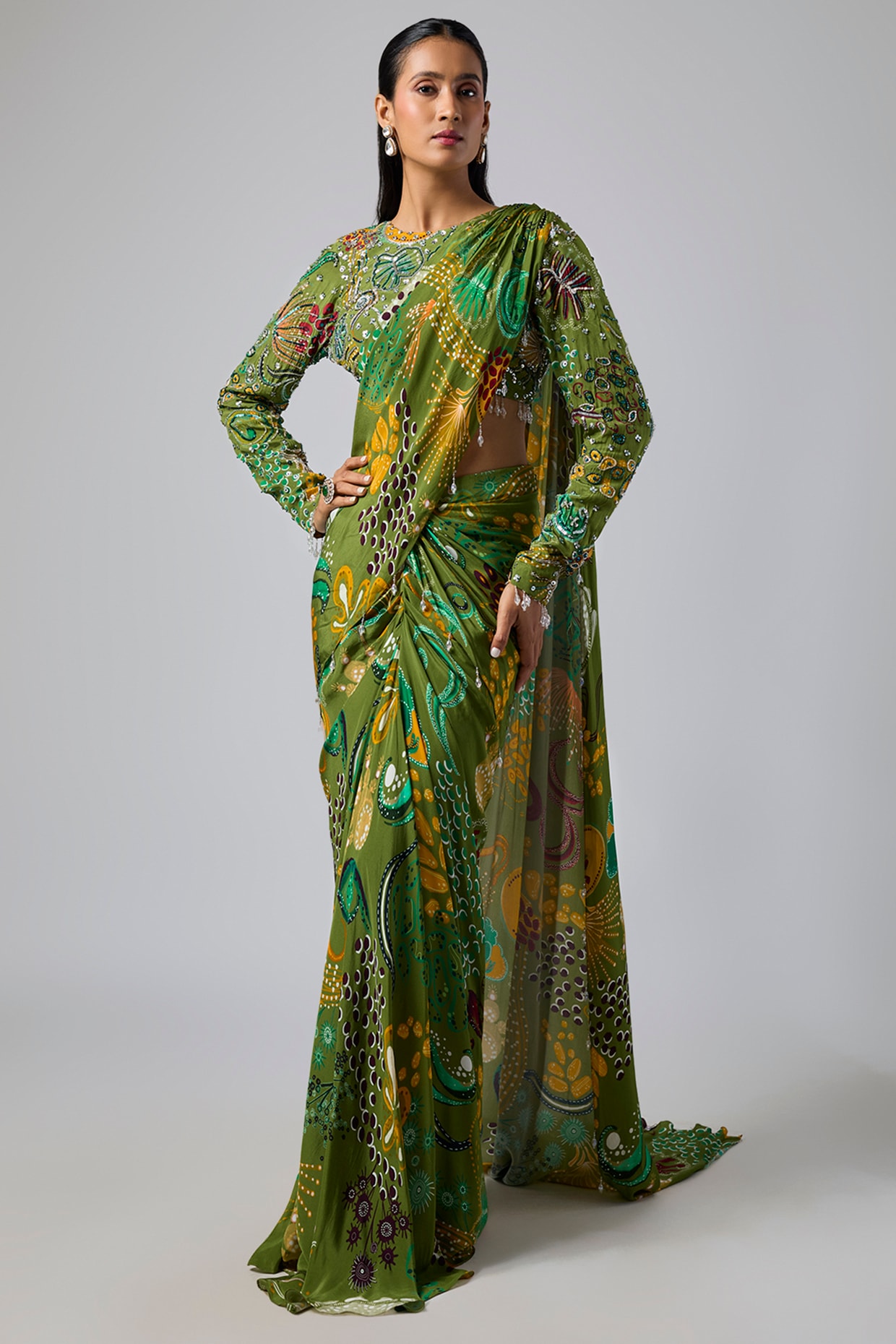 DiyaRajvvir Pear Green Georgette Featherfall Printed Draped Saree Set
