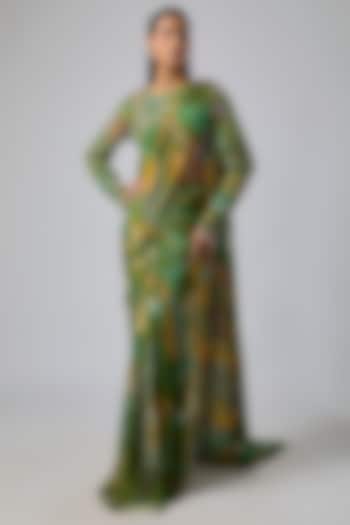 Pear Green Georgette Featherfall Printed Draped Wedding Saree Set by DiyaRajvvir at Pernia's Pop Up Shop