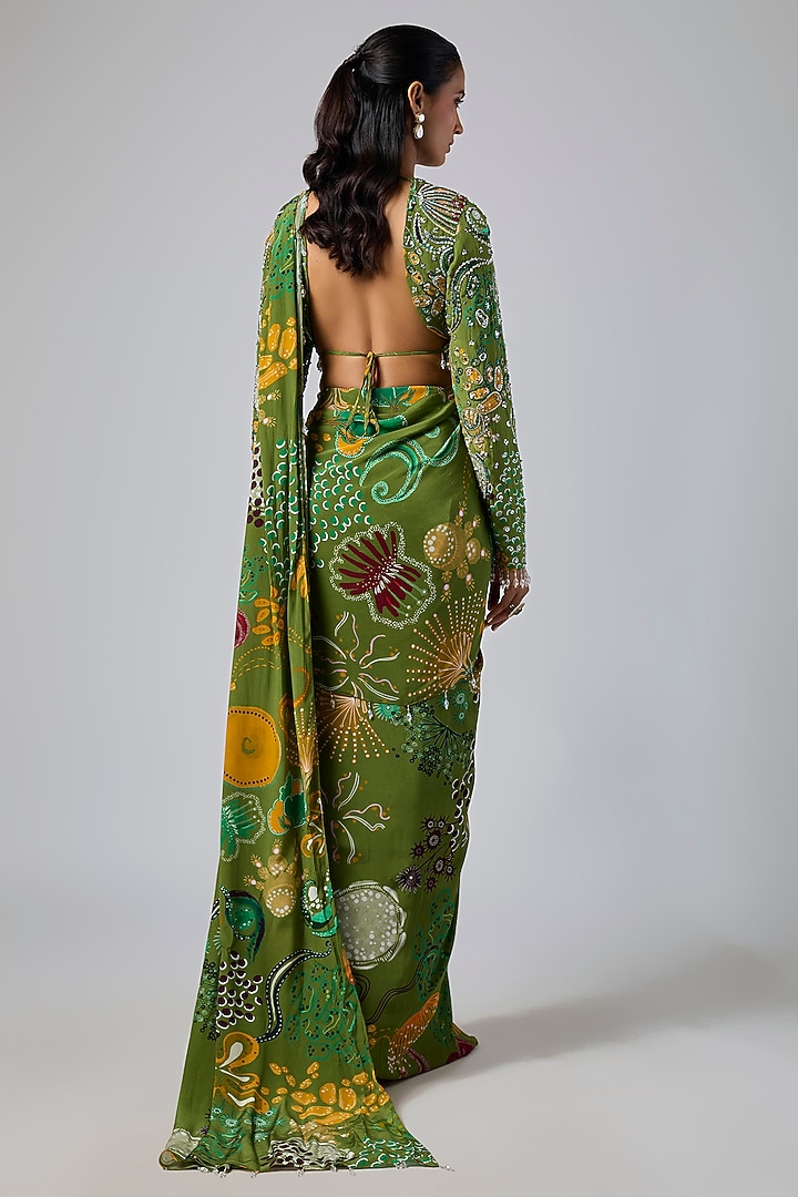 Pear Green Georgette Featherfall Printed Draped Wedding Saree Set by DiyaRajvvir at Pernia's Pop Up Shop