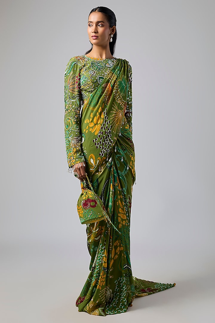 Pear Green Georgette Featherfall Printed Draped Wedding Saree Set by DiyaRajvvir at Pernia's Pop Up Shop