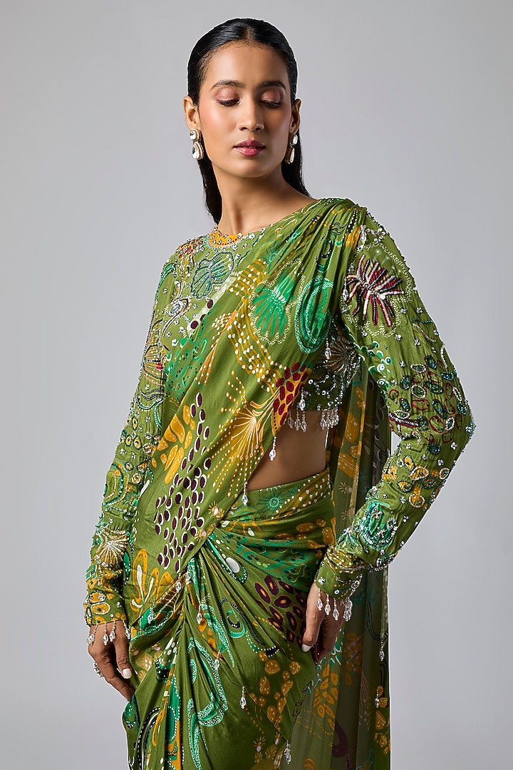 Pear Green Georgette Featherfall Printed Draped Wedding Saree Set by DiyaRajvvir at Pernia's Pop Up Shop